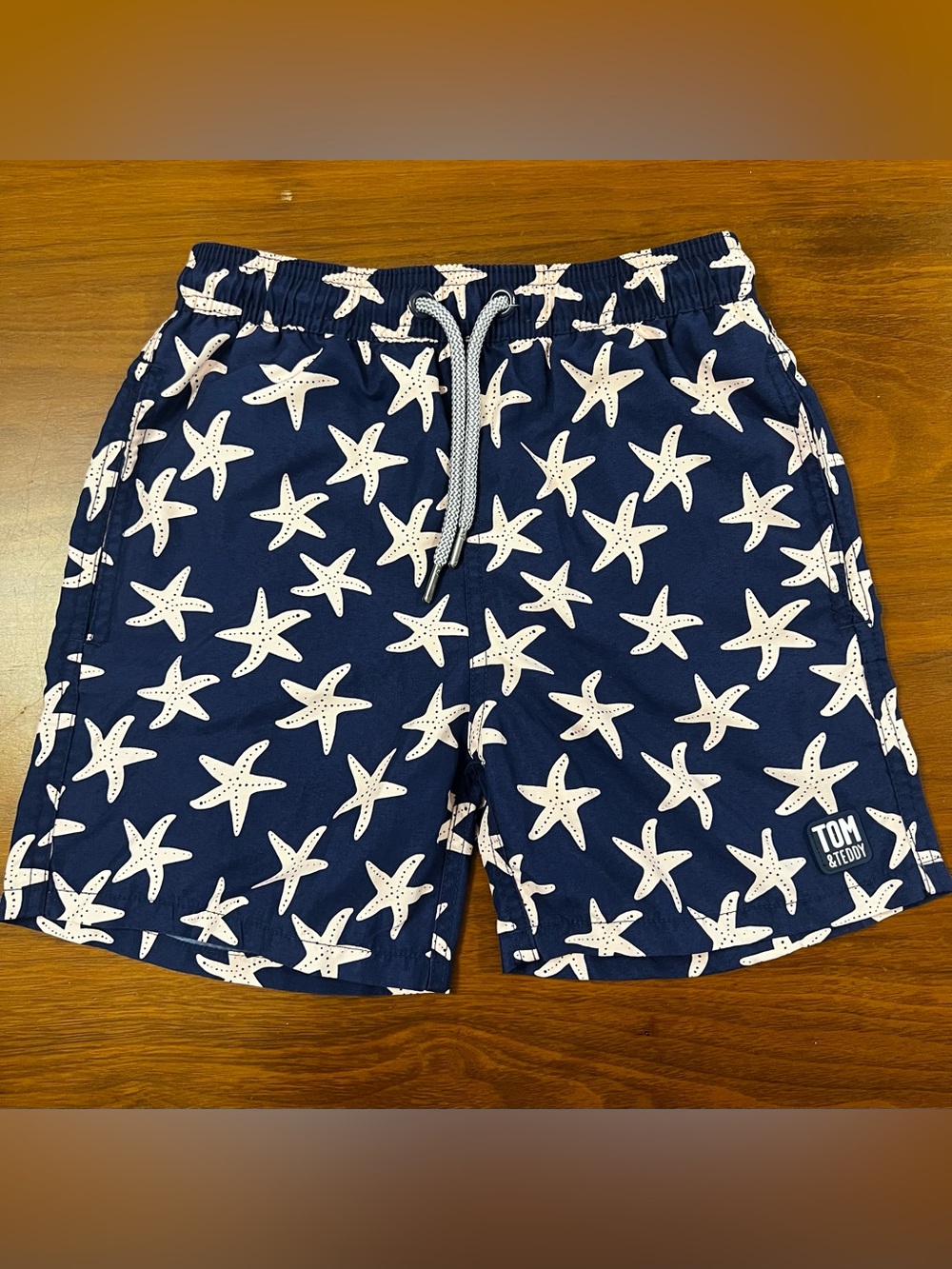 Tom & Teddy Boys Swim Trunks Size 7/8 Navy Blue Light Pink Starfish Mesh Lining